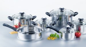collection of stainless steel pots and pans